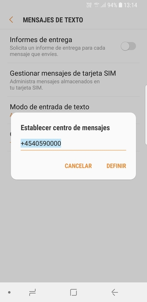 Introduzca el número de Centro de mensajes y seleccione DEFINIR