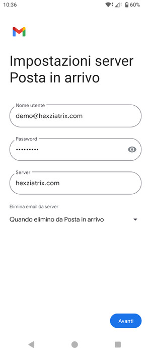 Inserisci Nome utente e l'indirizzo del server di posta in arrivo. Seleziona Avanti