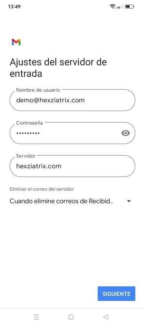 Introduzca Nombre de usuario y la dirección de servidor entrante. Seleccione SIGUIENTE