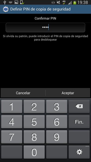 Confirme su PIN de copia de seguridad y seleccione Aceptar