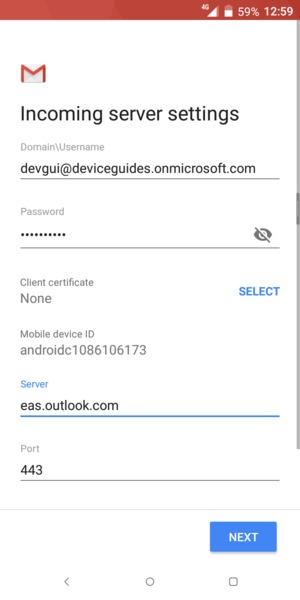 Enter Username and Exchange server address. Select NEXT