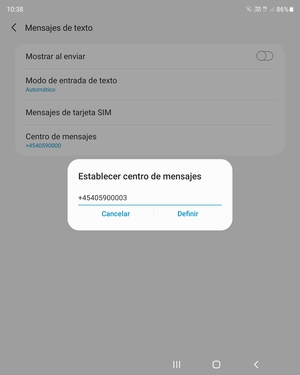 Introduzca el número de Centro de mensajes y seleccione Definir