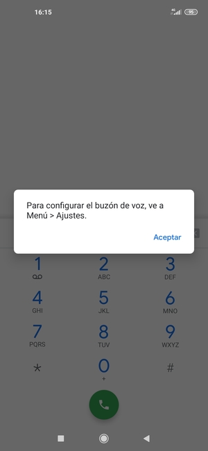 Si el correo de voz no está configurado, seleccione Aceptar