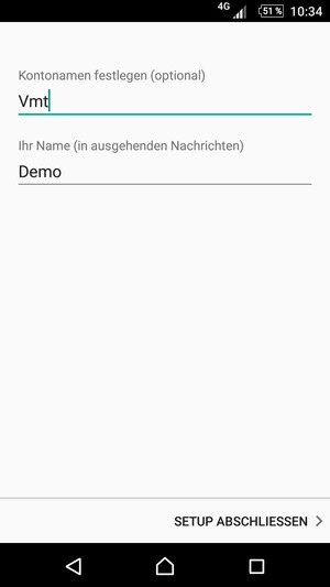 Geben Sie Ihrem Konto einen Namen und geben Sie Ihren Namen ein. Wählen Sie SETUP ABSCHLIESSEN