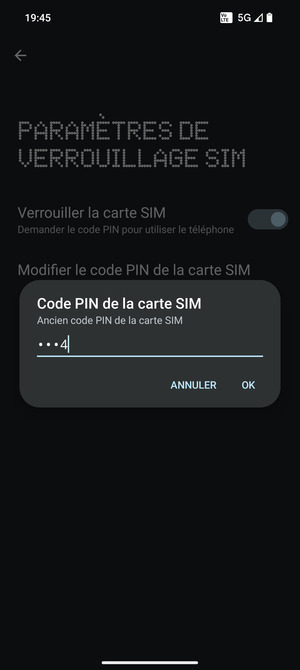 Saisissez votre Ancien code PIN de la carte SIM et sélectionnez OK