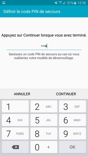 Saisissez un Code PIN de secours et sélectionnez CONTINUER