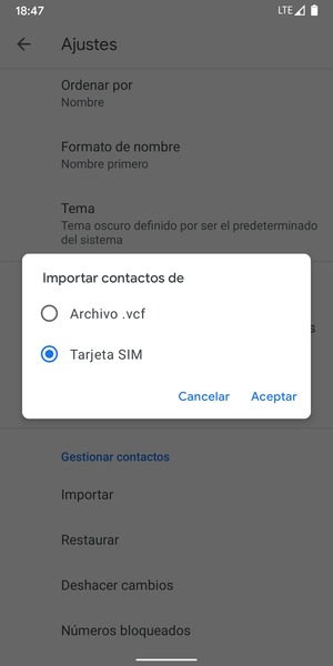 Seleccione Tarjeta SIM y Aceptar