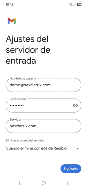 Introduzca Nombre de usuario y la dirección de servidor entrante. Seleccione Siguiente