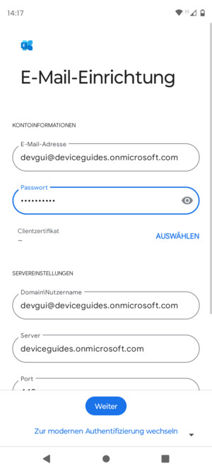 Geben Sie Benutzername und Exchange Server-Adresse ein. Wählen Sie Weiter