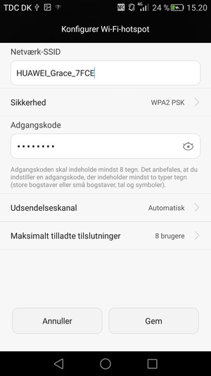 Indtast en adgangskode på minimum 8 tegn og vælg Gem