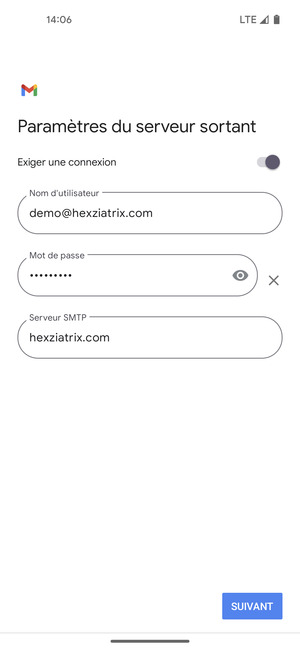 Saisissez l'adresse du serveur sortant et sélectionnez SUIVANT