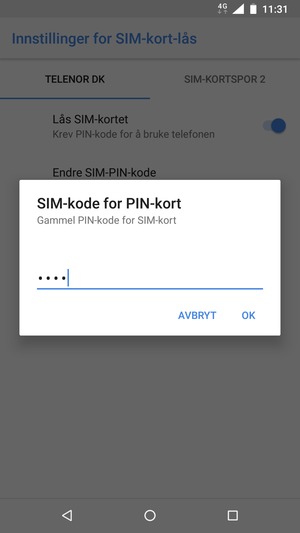 Skriv inn Gammel PIN-kode for SIM-kort og velg OK