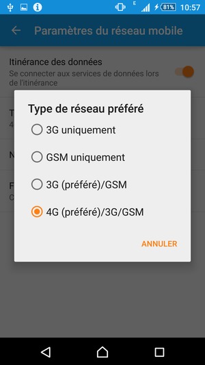Sélectionnez GSM uniquement pour activer la 2G