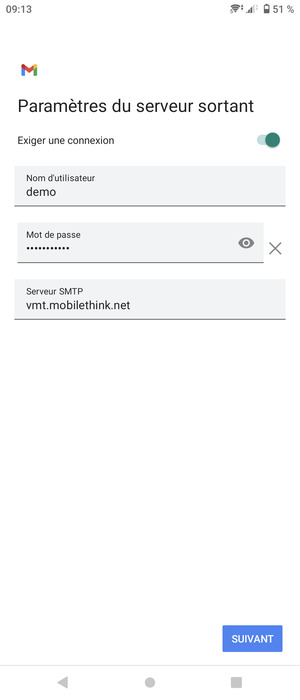 Saisissez l'adresse du serveur sortant et sélectionnez SUIVANT