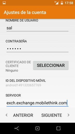 Introduzca NOMBRE DE USUARIO y la dirección de servidor Exchange. Seleccione SIGUIENTE