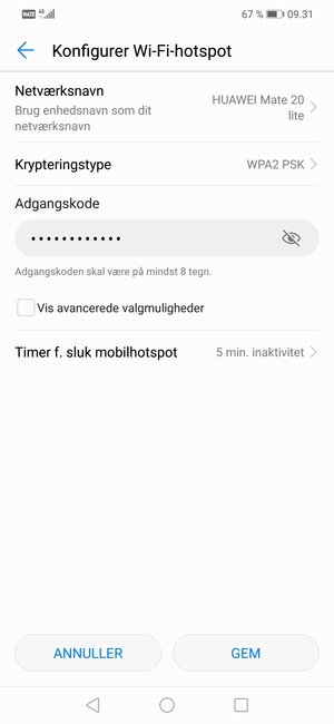 Indtast en Wi-Fi-hotspot adgangskode på minimum 8 tegn og vælg GEM