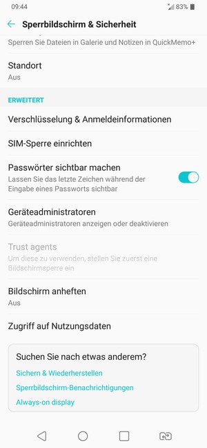Um die PIN für die SIM-Karte zu wechseln, gehen Sie zum Sperrbildschirm & Sicherheit Menü zurück und wählen Sie SIM-Sperre einrichten