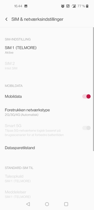 Vælg SIM 1 eller SIM 2