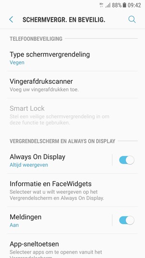 Om uw schermvergrendeling te activeren, ga naar het Schermvergr. en beveilig.-menu en selecteer Type schermvergrendeling