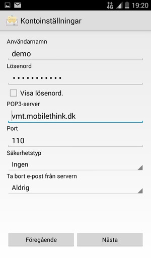 Ange Användarnamn och inkommande serveradress. Välj Nästa