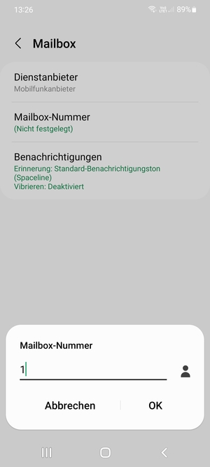 Geben Sie die Mailbox-Nummer ein und wählen Sie OK