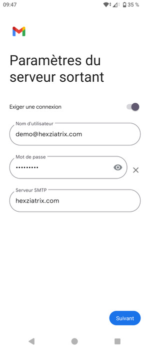 Saisissez l'adresse du serveur sortant et sélectionnez Suivant