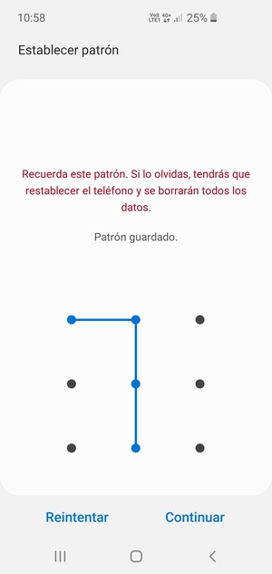 Dibuje un patrón de desbloqueo y seleccione Continuar