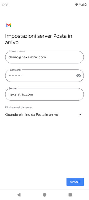 Inserisci Nome utente e l'indirizzo del server di posta in arrivo. Seleziona AVANTI