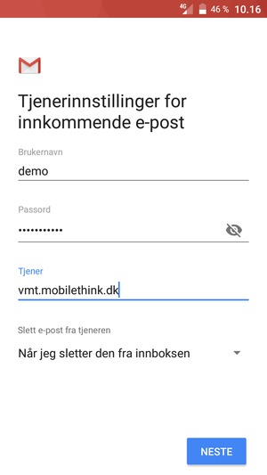 Skriv inn Brukernavn og innkommende serveradresse. Velg NESTE