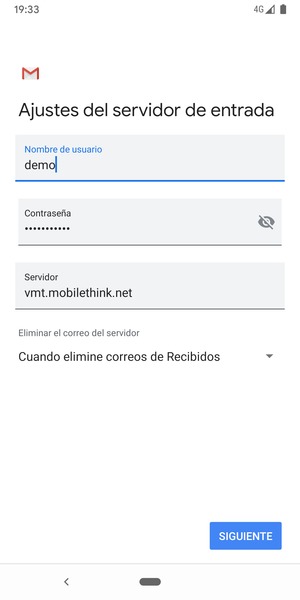 Introduzca Nombre de usuario y la dirección de servidor entrante. Seleccione SIGUIENTE