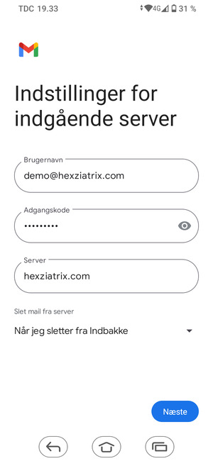 Indtast Brugernavn og indgående serveradresse. Vælg Næste