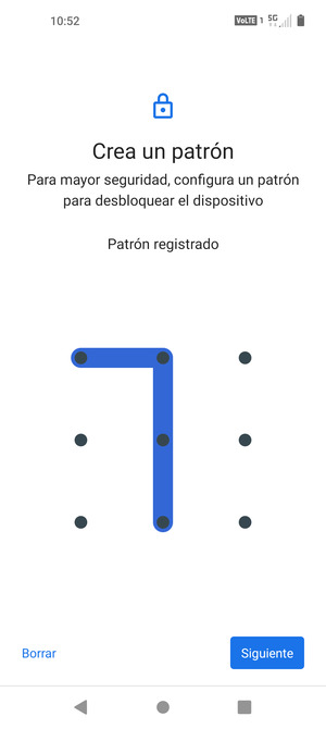 Dibuje un patrón de desbloqueo y seleccione Siguiente