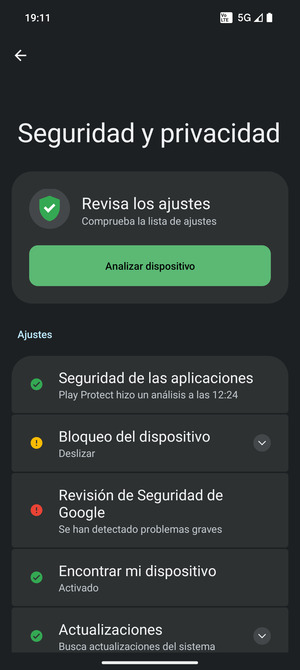 Para activar su bloqueo de pantalla, vaya al menú Seguridad y privacidad y seleccione Bloqueo del dispositivo