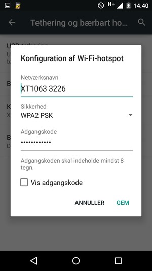Indtast en Wi-Fi-hotspot adgangskode på minimum 8 tegn og vælg GEM