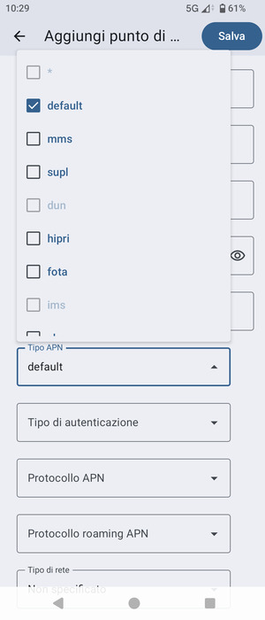 Assicurati che default sia selezionato
