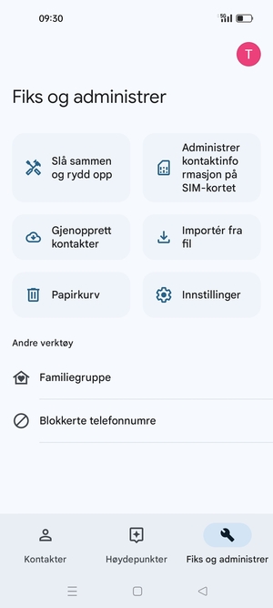 Velg Administrer kontaktinformasjon på SIM-kortet