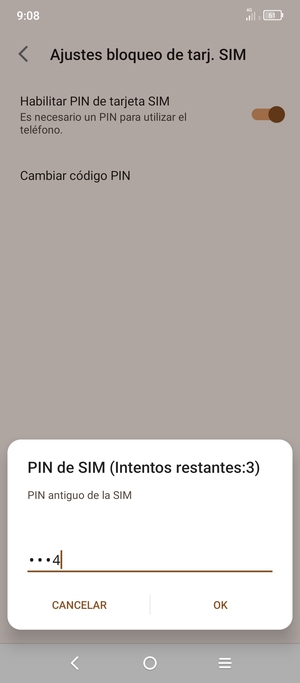 Introduzca su PIN antiguo de la SIM y seleccione OK