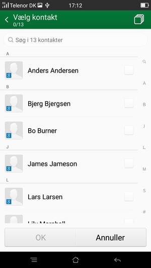 Marker tjekboksen Vælg kontakt