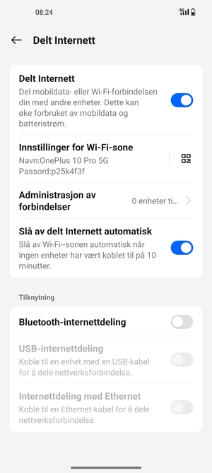 Telefonen din er konfigurert for bruk som et modem