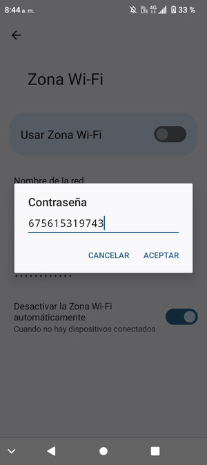 Introduzca una contraseña de punto de acceso Wi-Fi de al menos 8 caracteres y seleccione ACEPTAR