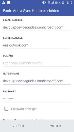 Geben Sie Exchange Server-Adresse und Nutzername ein. Wählen Sie WEITER