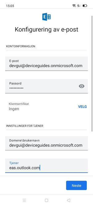 Skriv inn Brukernavn og Exchange serveradresse. Velg Neste