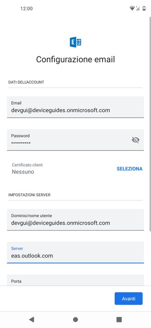 Inserisci Nome utente e l'indirizzo del server Exchange. Seleziona Avanti