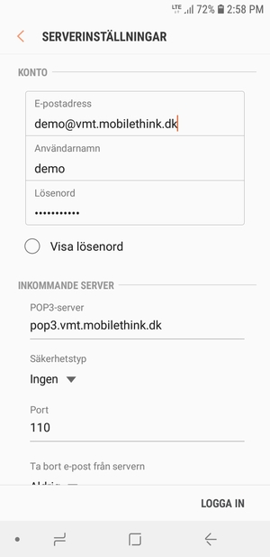 Ange Användarnamn och inkommande serveradress