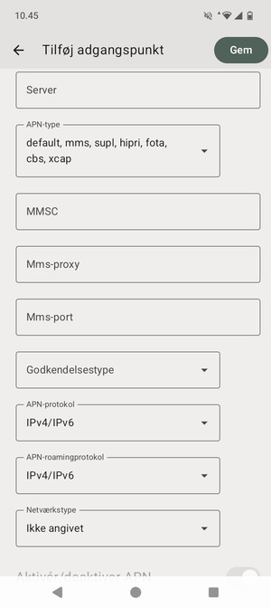 Scroll til og vælg APN-type
