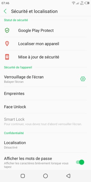 Pour activer votre verrouillage d'écran, retournez au menu Sécurité et localisation et appuyez sur Verrouillage de l'ecran