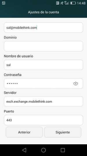 Introduzca la dirección de servidor Exchange y seleccione Siguiente