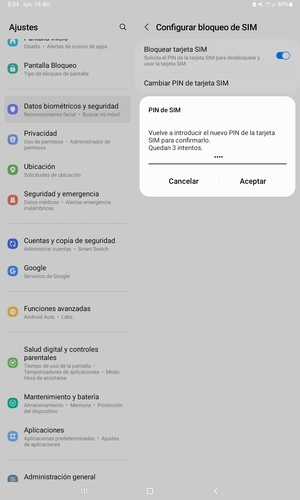 Confirme su nuevo PIN de la tarjeta SIM y seleccione Aceptar