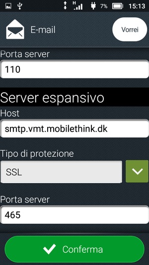 Inserisci l'indirizzo del server di posta in uscita e seleziona Conferma