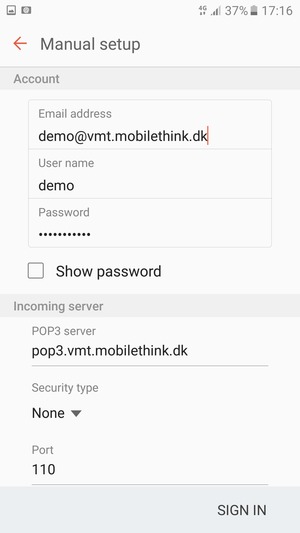 Enter User name and Incoming server address